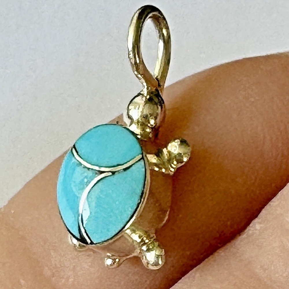 Tiny Native American Turtle Pendant Turquoise Zuni Sterling Charm Handmade Layer